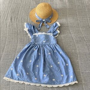 Blue Floral Dress with Matching Straw Hat 4T